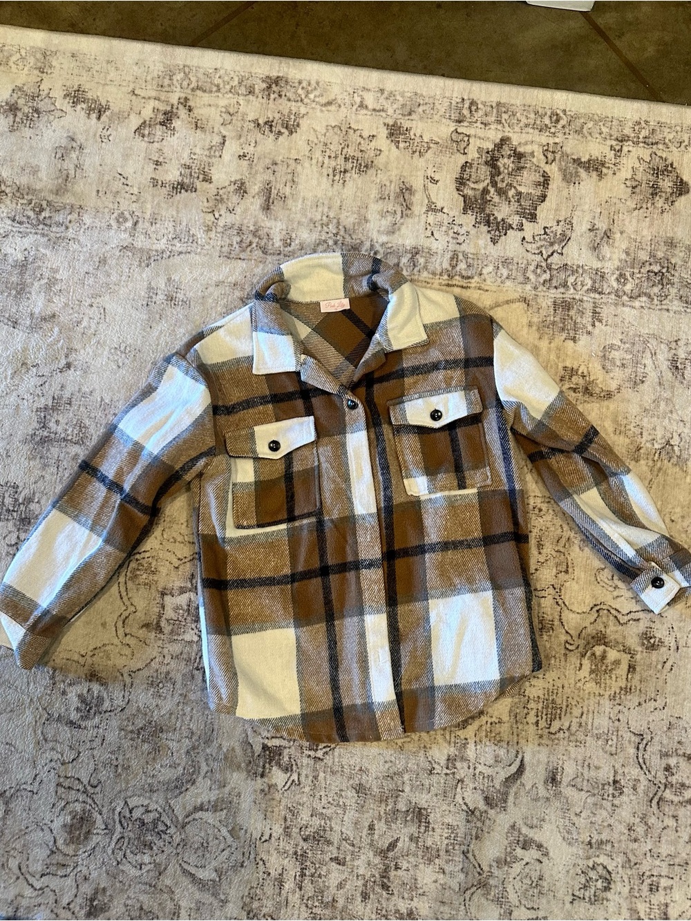 Pink Lily Cream and Brown Plaid Button-Up Shacket